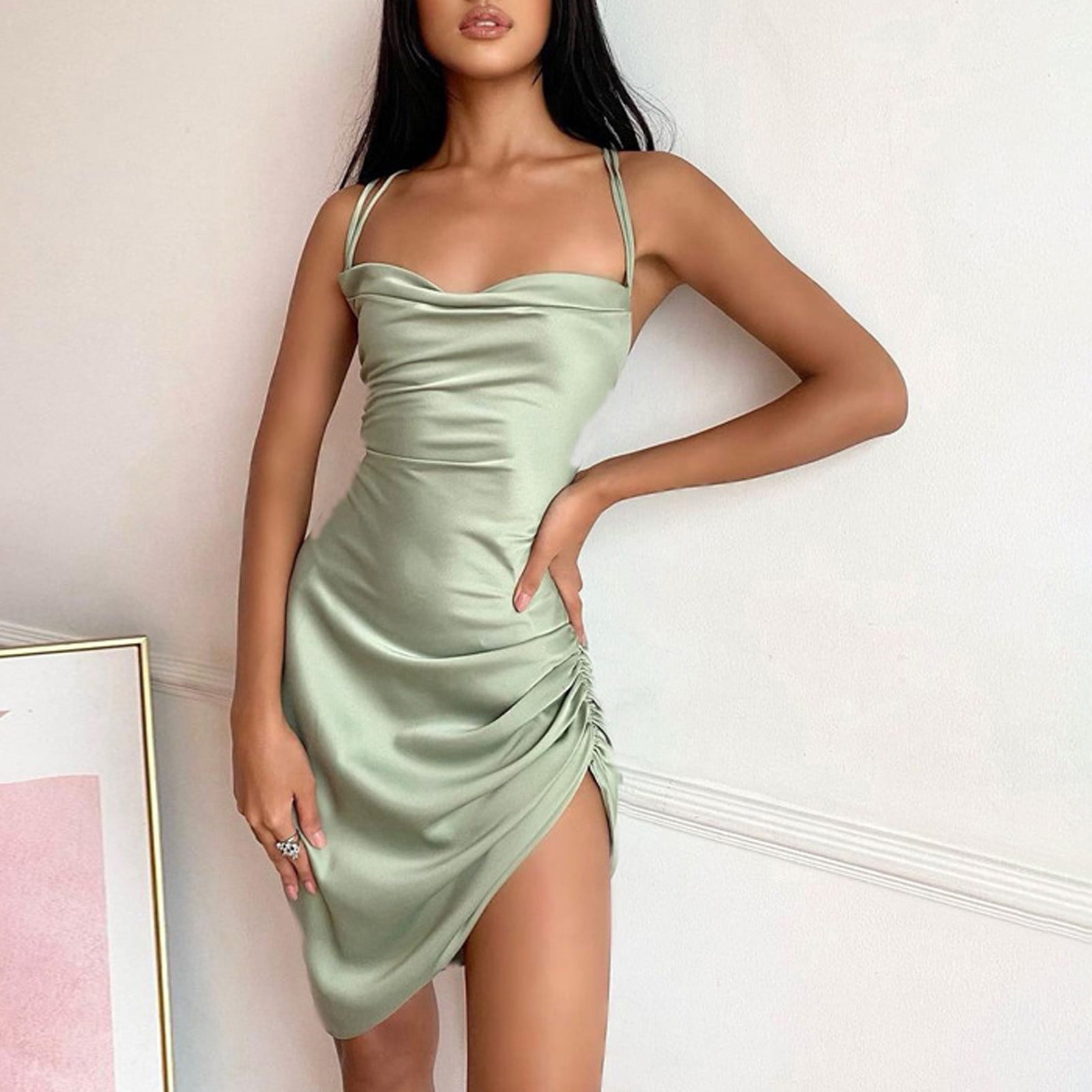 LAWOR Women Satin Ruched Lace Up Bodycon Mini Dress Sexy Backless Spaghetti Strap Party Dress for Cocktail Clubwear