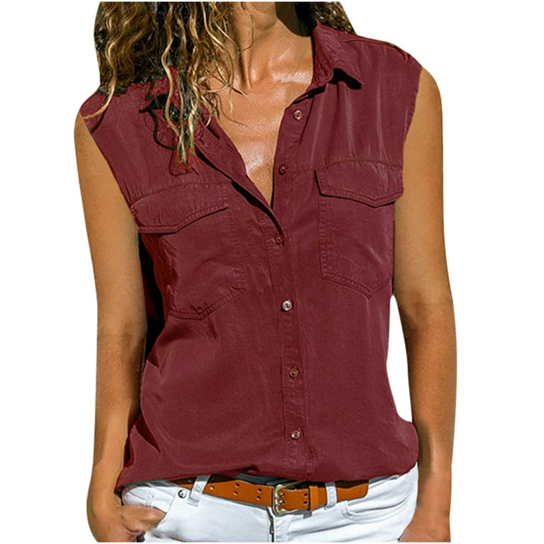 LAWOR Womens Tank Tops Solid Turn Down Collar Sleeveless Shirts Button Up Tee Shirts For Women With Pockets Ropa De Mujer