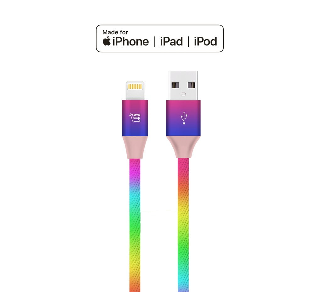 LAX Apple MFi Certified Lightning to USB Cable (10 Feet) Rainbow