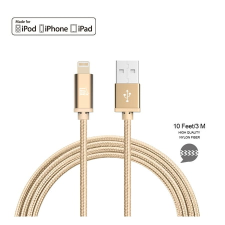 LAX Gadgets Extra Long, Apple MFi Certified Nylon Lightning to USB iPhone Charger Cable for iPhone 7, 7 Plus, 6s, 6s Plus, 6, 6 Plus, SE, 5s / iPad Pro, Air, Mini, iPad / iPod | 10 Ft Cord, Gold