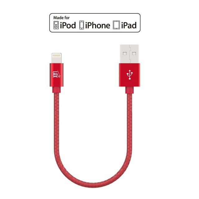LAX Gadgets Extra Short, Apple MFi Certified Nylon Lightning to USB iPhone Charger Cable for iPhone 7, 7 Plus, 6s, 6s Plus, 6, 6 Plus, SE, 5s / iPad Pro, Air, Mini, iPad / iPod | 1 Ft Cord, Red