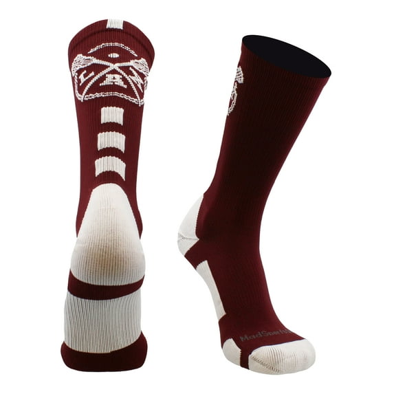 LAX Lacrosse Socks with Lacrosse Sticks Athletic Crew Socks (Maroon/White, Large)
