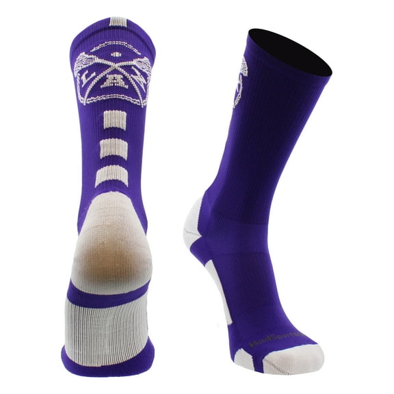 LAX Lacrosse Socks with Lacrosse Sticks Athletic Crew Socks (Purple/White, Medium)