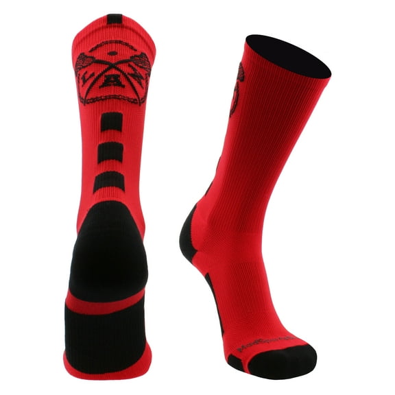 LAX Lacrosse Socks with Lacrosse Sticks Athletic Crew Socks (Red/Black, Small)