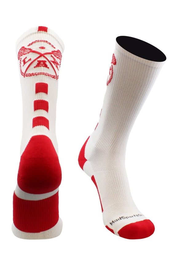 LAX Lacrosse Socks with Lacrosse Sticks Athletic Crew Socks (White/Red, Medium)