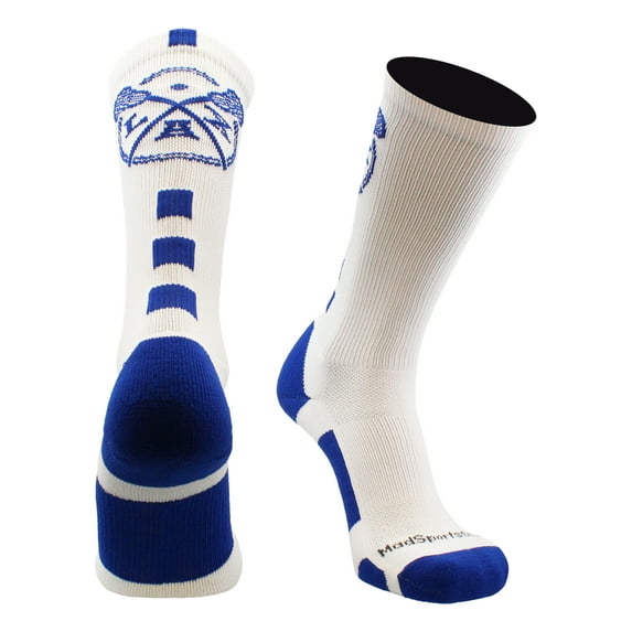 LAX Lacrosse Socks with Lacrosse Sticks Athletic Crew Socks (White/Royal, Medium)