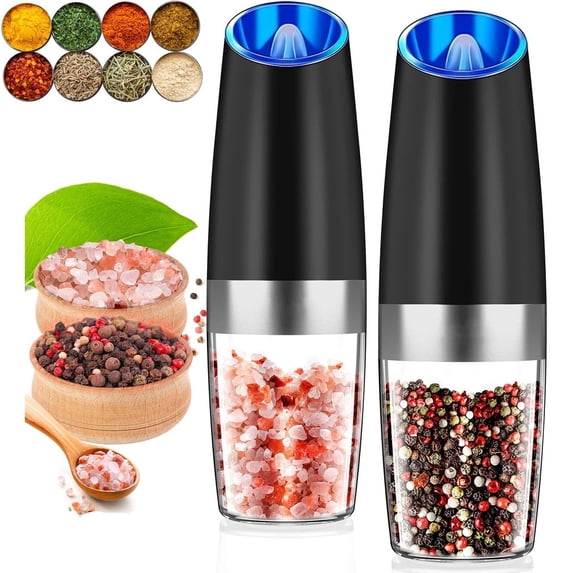 LAYADO 2 Pack Electric Salt and Pepper Grinder Set, Battery Operated Automatic Adjustable Coarseness Salt and Pepper Shaker with Light, Stainless Steel Auto Peppercorn Spice Mills, Black