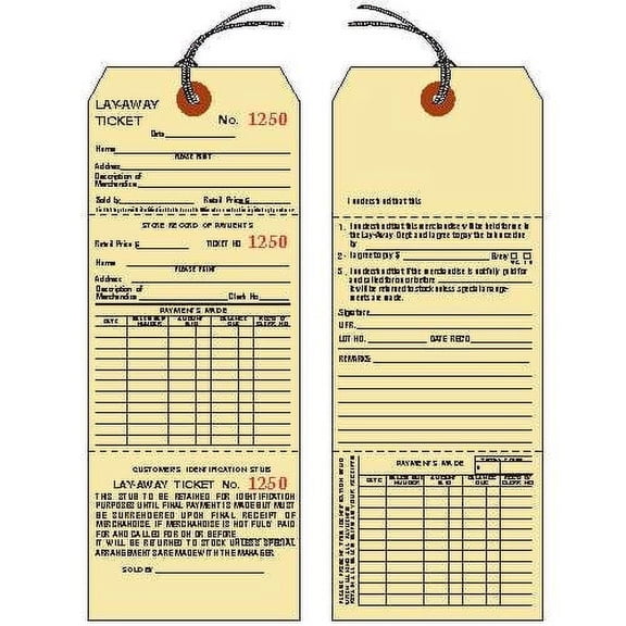 LAYAWAY Tickets/Tags, 8-1/2" X 3-1/8", Manila Cardstock, 3-Part, Consecutively Numbered, Prestrung - Pack of 100