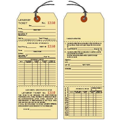 LAYAWAY Tickets/Tags, 8-1/2" X 3-1/8", Manila Cardstock, 3-Part, Consecutively Numbered, Prestrung - Pack of 100