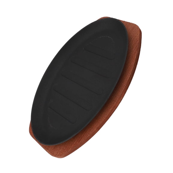 LAZIOEGR 12" Iron Fish Frying Plate with Wooden Base Versatile Grill & Serving Dish for Fish & Steaks