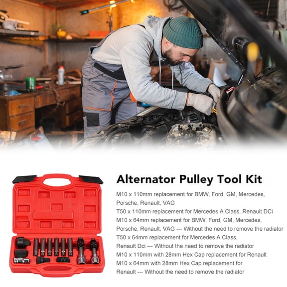 LAZIOEGR 13 Pcs Alternator Pulley Tool Kit, Freewheel Pulley Puller Removal Engine Auto Tool Set Insert Bit Socket Set with Storage Case