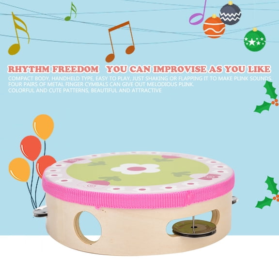 LAZIOEGR 15cm / 5.9 inches Handheld Wooden Tambourine Bell Musical Percussion Toy Gift with Metal Cymbals Four Flowers Pattern
