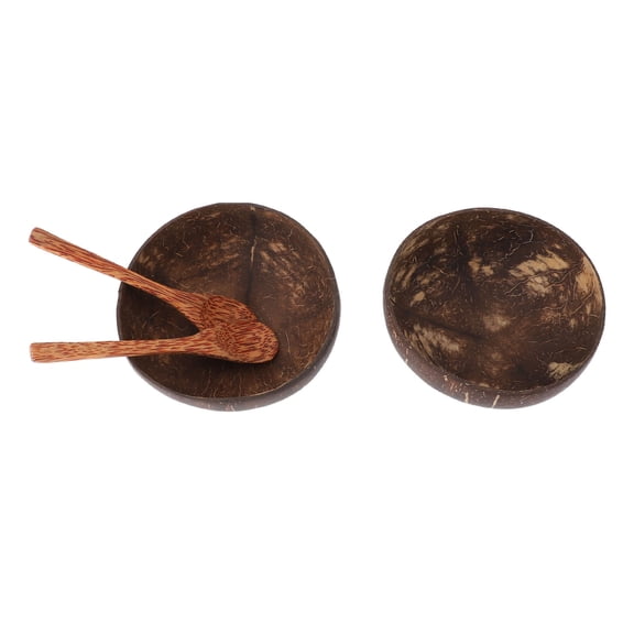 LAZIOEGR 2 Sets Old Coconut Shell Bowls and Wooden Spoons Multipurpose Heat Resistant Tableware Set for Home Kitchen Dining Dessert Salad 5.5 inches / 14 cm