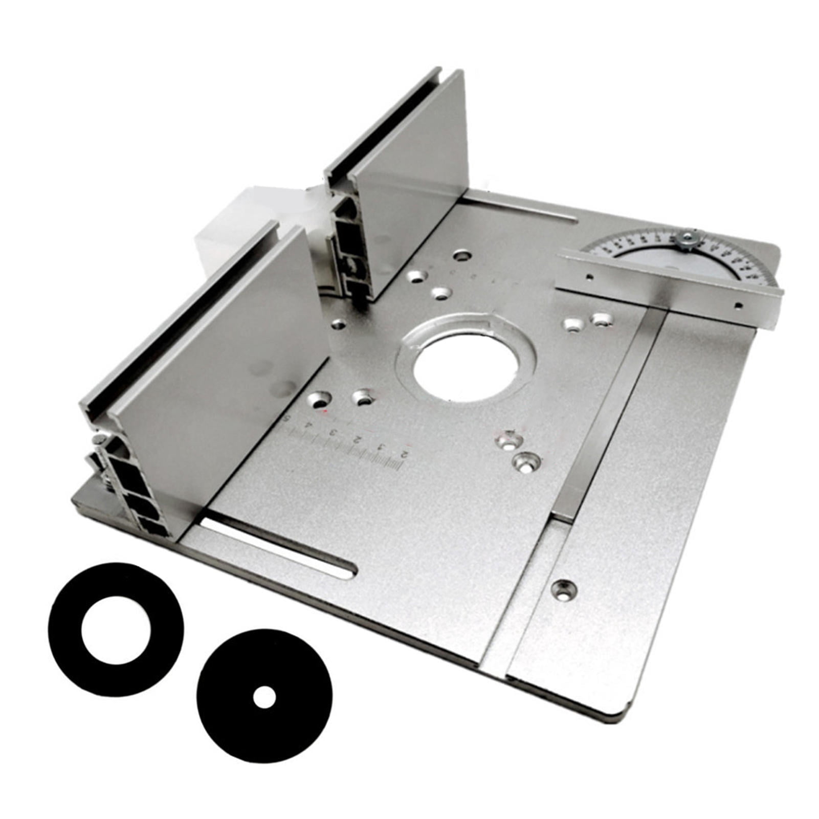 LAZIOEGR 2‑in‑1 Router Table Insert Plate – Dual 85x85mm/70x60mm Mounting, Aluminum Alloy, 180° Rotatable Ruler, Adjustable Fence, Smooth Surface, CNC‑Machined Scale