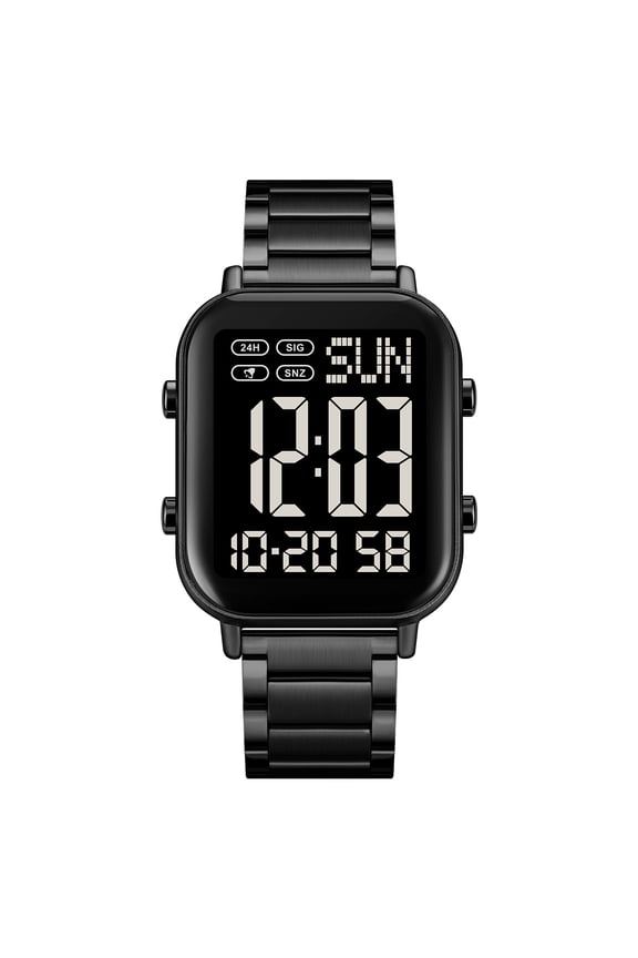 2259 Unisex Digital Watch 30M Waterproof Dual Time Chronograph Alarm EL Backlight Stainless Steel Band, Black/Black 37mm / 1.45 inches