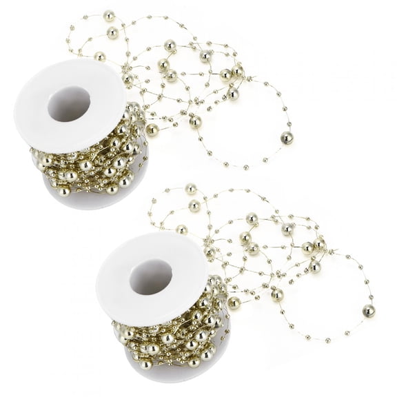 LAZIOEGR 2Pcs ABS Pearl Bead String Garland Roll for Wedding Bridal Bouquet Christmas Decoration, 32.8 ft / 10 m (Gold Round Beads)