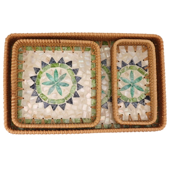 LAZIOEGR 3 Pcs Rattan Fruit Tray Rectangular Multi Purpose Storage Tray for Home Restaurant Bohemian Type (14.96 in / 38 cm)