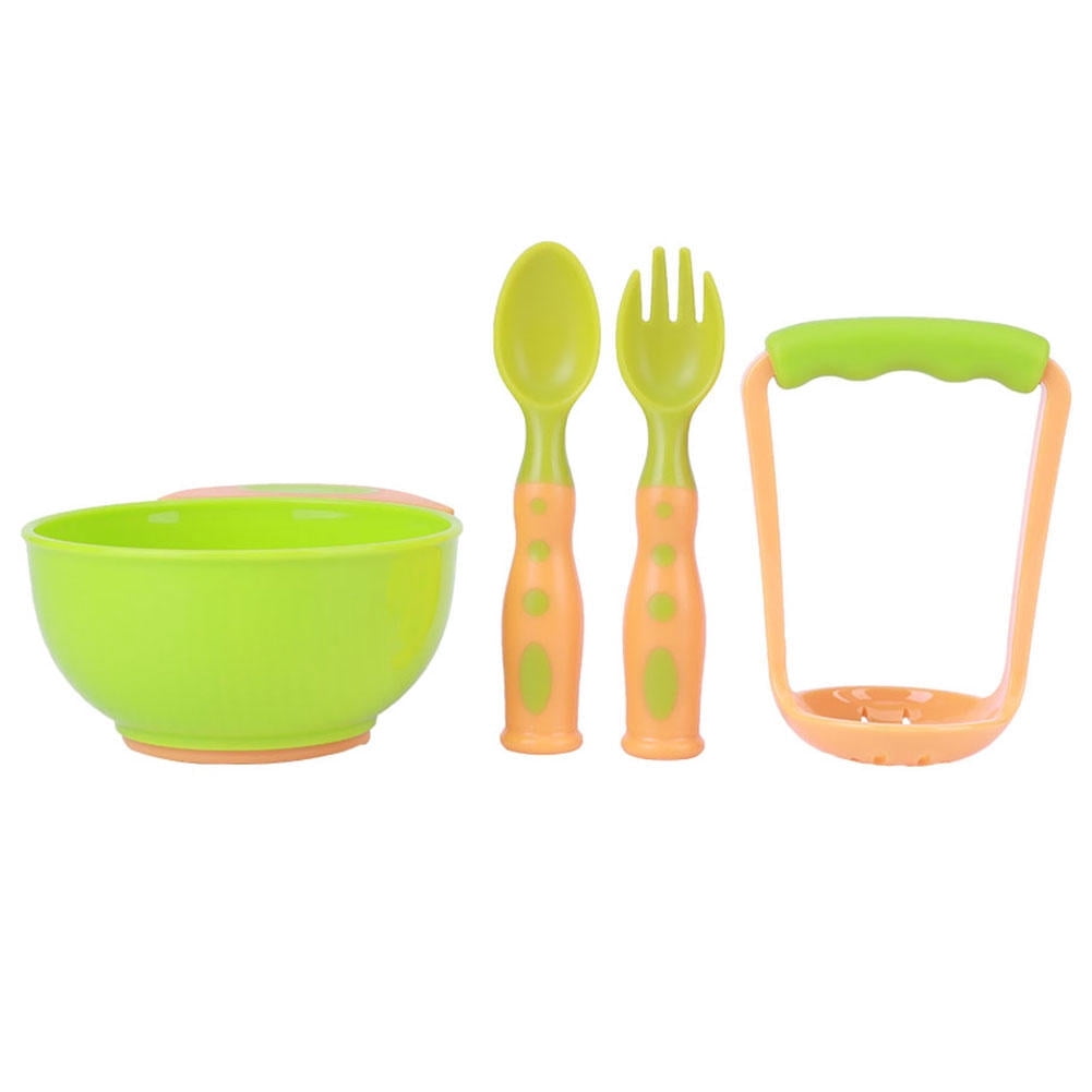 LAZIOEGR 4-Piece Baby Food Masher & Serve Set – Food-Grade PP Bowl, Fork & Spoon, Non-Slip Base, Spinning Handle, Orange & Green