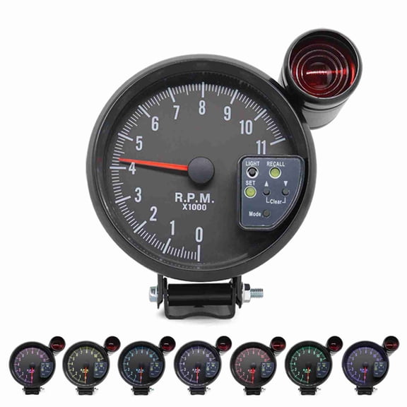 LAZIOEGR 5 Inch / 12.7 cm Universal Auto Tachometer Gauge Kit, Black Face 7 Colors LED Backlight, 0-11000 RPM with Shift Light and Warning Buzzer for 4 6 8 Cylinder Petrol Engines