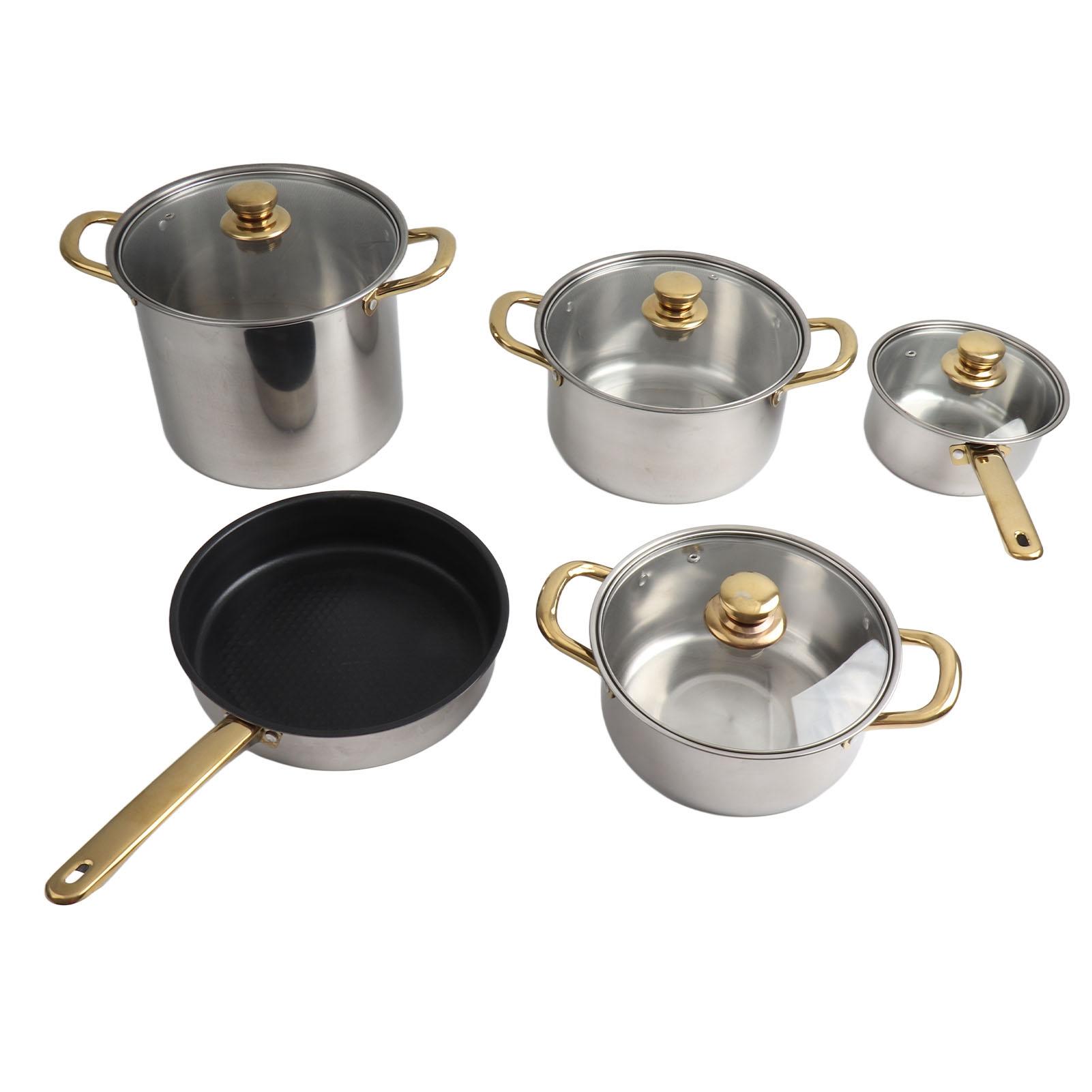 LAZIOEGR 5‑Piece Stainless Steel Cookware Set with Golden Handles ...
