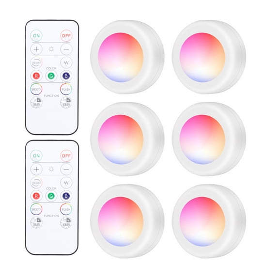 LAZIOEGR 6-Pack LED Puck Lights with Remote, 16 RGB Colors, Battery Operated Under Cabinet Lighting for Kitchen, Wardrobe, Party (8.66 inches / 22 cm)
