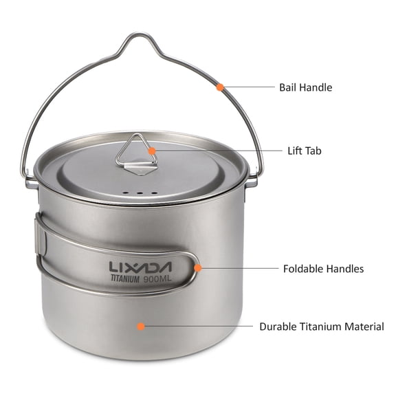 LAZIOEGR 900ml Titanium Hanging Pot Ultralight Portable Camping Cup with Bail Handle and Lid for Outdoor Hiking Backpacking Bushcraft Open Fire Cooking Essential, 4.7 x 3.7 In / 120 x 95 mm
