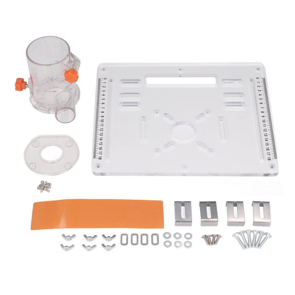 LAZIOEGR Adjustable Acrylic Router Table Insert Plate 8mm Thick, DustCover Included, 45/90 Cutting Angles, 018cm Slot, 2.55lb, 10.6312.63.94in