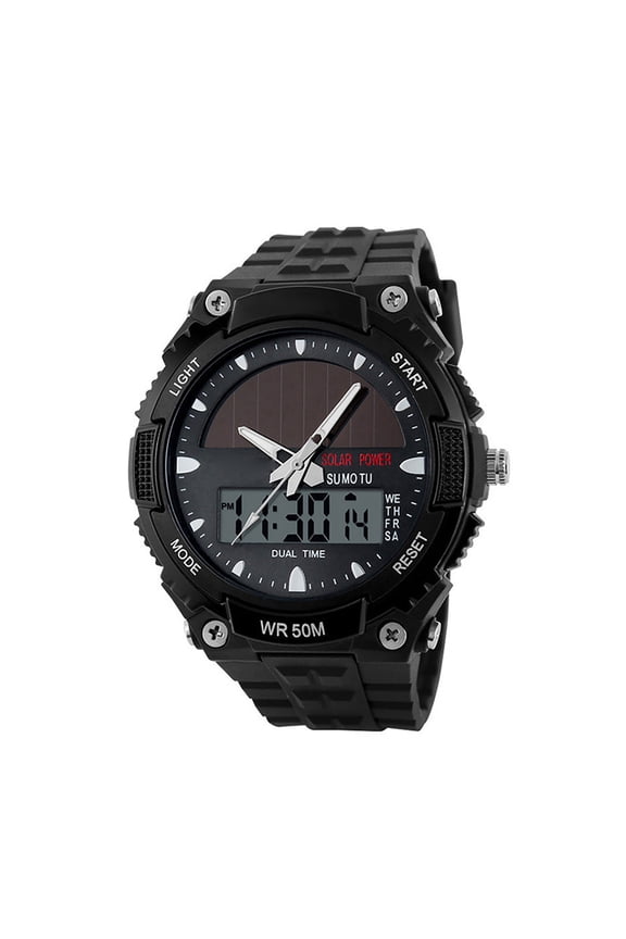 Analog Digital Men Women Outdoor Sports Watch, Waterproof Solar Powered Military Wristwatch with Silicone Strap, Backlight Alarm Chronograph Dual Time, Black, 9.3 in / 23.5 cm