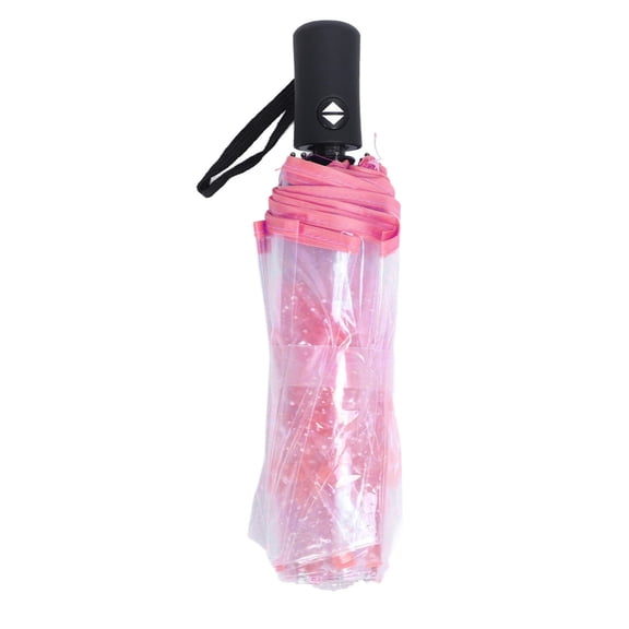 LAZIOEGR Automatic Folding Umbrella – 8‑Rib Transparent Flower Design, Long Handle, Arch‑Shape Apollo, Ideal for Travel & Stage, Pink