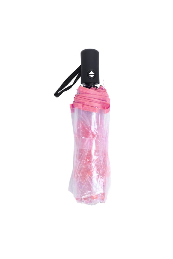 Automatic Folding Umbrella – 8‑Rib Transparent Flower Design, Long Handle, Arch‑Shape Apollo, Ideal for Travel & Stage, Pink