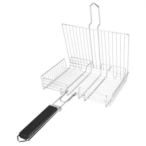 LAZIOEGR BBQ Net Square Grilled Fish Chicken Net Clip Hand Held Grill Mesh Wire Clamp with Detachable Wooden Handle (25.4 x 12.2 x 2.2 inches / 64.5 x 31 x 5.5 cm)