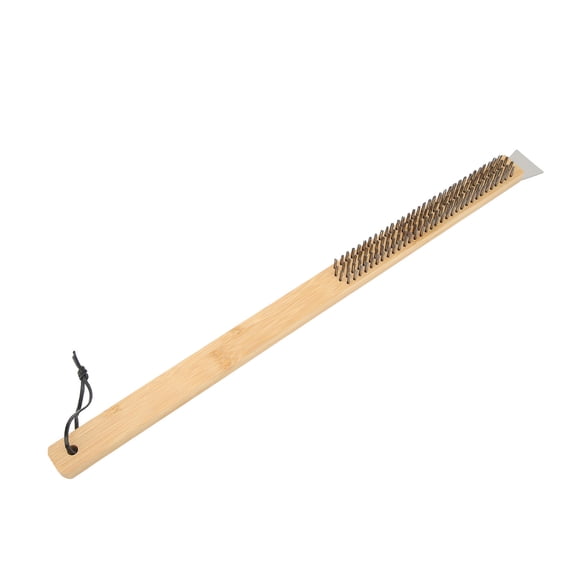 LAZIOEGR BambooHandle Pizza & BBQ Brush with Scraper, 57.5cm Long, HeatResistant Wire Head, EasyClean Outdoor Oven Tool