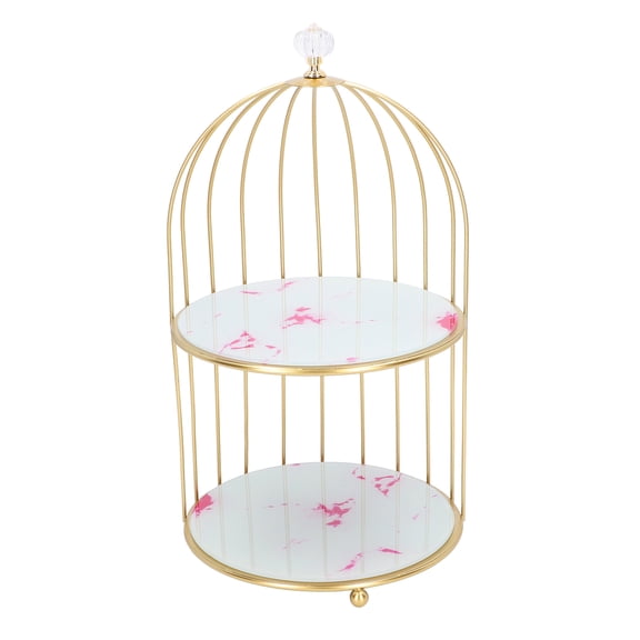 LAZIOEGR Double Tier Bird Cage Storage Shelf Cosmetics Organizer Display Rack for Bathroom Vanity and Dressing Table, Pink Stone Pattern Gold Iron Metal Frame