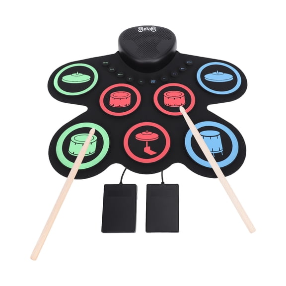 LAZIOEGR Electronic Drum Set with Dual Speaker Roll-Up Drum Pad 7 Pads Silicone Practice Pad Drum Kit Rechargeable with Drumsticks Foot Pedal for Beginners 14.6 inches / 37.1 cm Black 1000mAh Battery