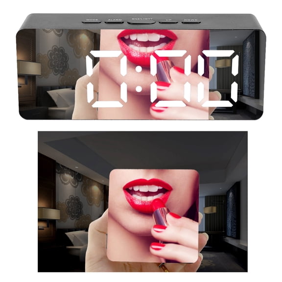 LAZIOEGR Household Desktop Multifunctional LED Electronic Digital Alarm Clock Makeup Mirror with Temperature Display Night Mode Snooze Function Black 5.5 inches / 14 cm