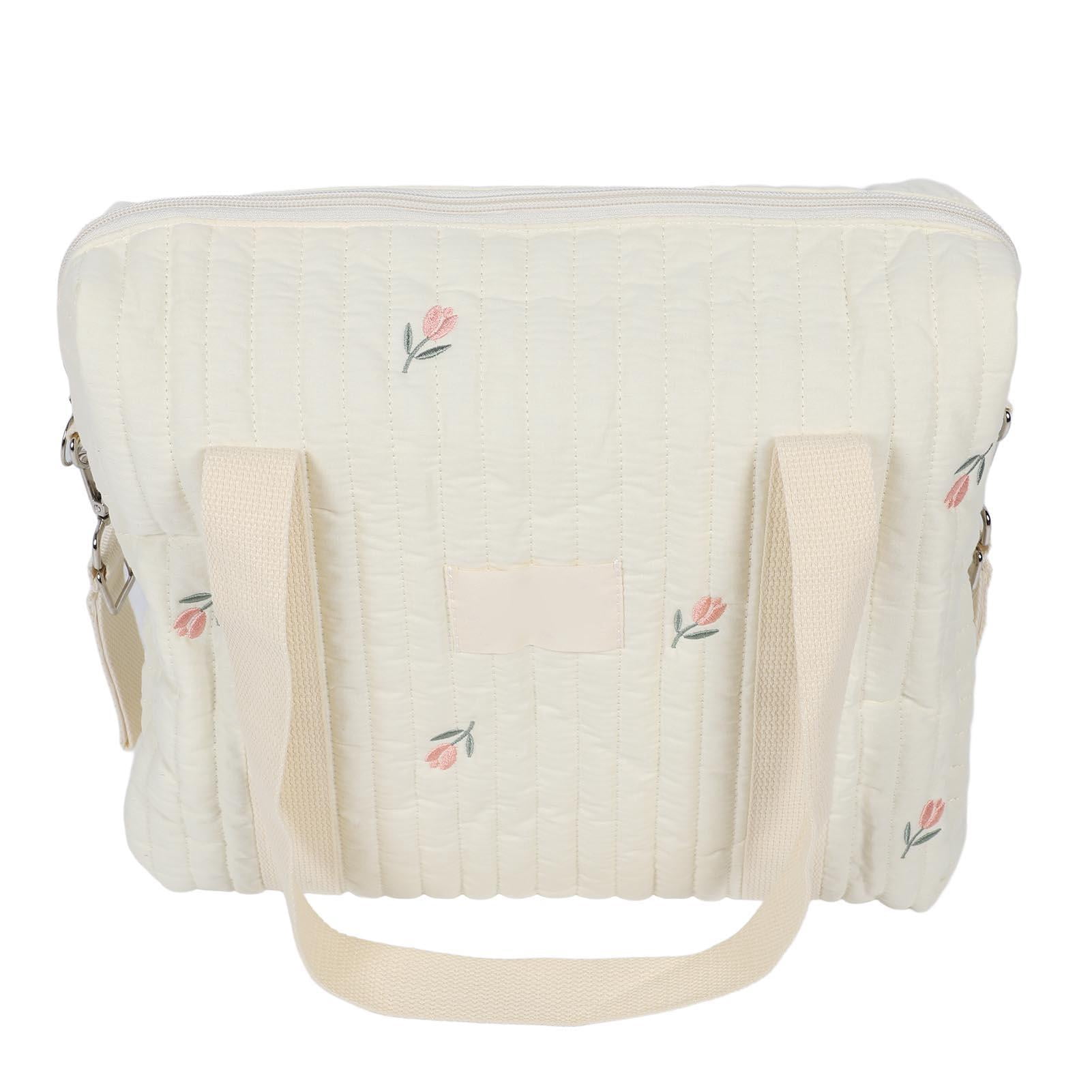 LAZIOEGR Large Capacity Cotton Stroller Hanging Organizer – Stylish Beige Flower Bag for Baby Essentials, Diapers, Bottles, and More