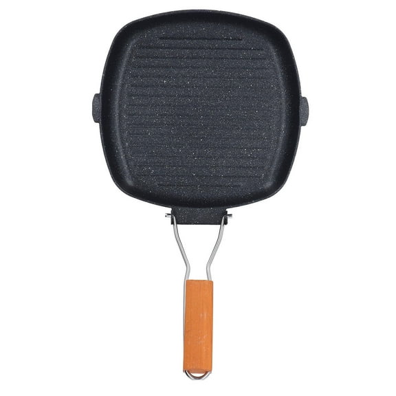 LAZIOEGR Maifan Stone NonStick Grilling Skillet  10.6 Square, Ribbed Design, Foldable Wooden Handle, Gas & Induction Compatible