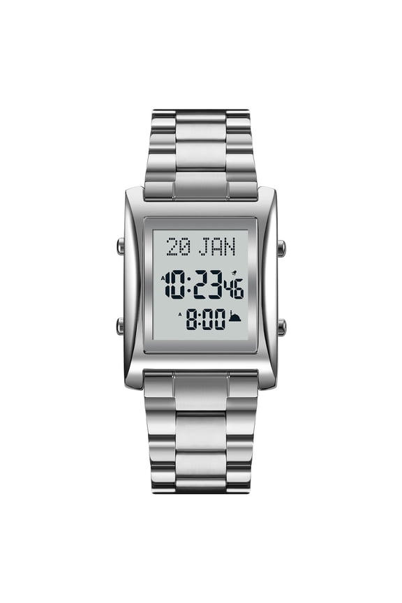 Men's Muslim Prayer Watch, Qibla Compass, Hijri Calendar, 30M Water Resistant Digital Wristwatch, 1.57 inches / 40 mm Dial, Adjustable Stainless Steel Band, Ideal Gift for Men, Silver