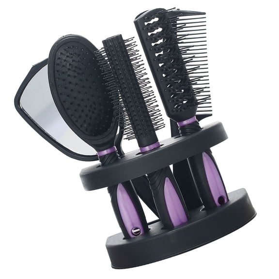 LAZIOEGR Professional 5-Piece Hair Comb and Mirror Set with Storage Base Holder Stand Anti-Static Detangling Brushes Salon Hairdressing Styling Tool Kits for Women Men Kids, Purple