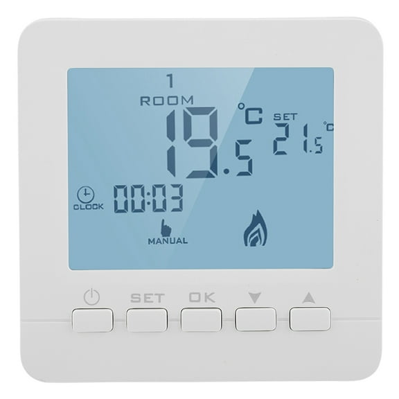 LAZIOEGR Programmable Digital Thermostat LCD Display Smart Temperature Controller 5A For Boiler Heating Accurate Precise Comfort Control NTC Sensor Battery Powered White (3.39 inches / 8.61 cm)