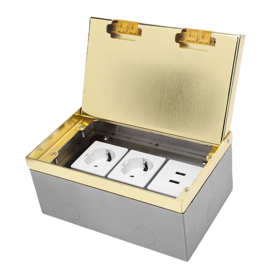 LAZIOEGR Recessed Floor Socket Box Kit, 16A 4000W Electrical Outlet with 2 Receptacles & 2 USB Ports, Stainless Steel Gold Cover, EU Plug Hidden Floor Receptacle for Home Office (7.87 inches / 20 cm)