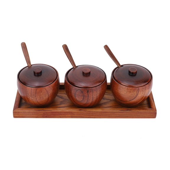 LAZIOEGR Retro Wooden Spice Jar Seasoning Pot Set with Lid and Spoon, 3-Piece Sugar Bowl Kitchen Condiment Server with Base Tray (11.8 x 3.9 in / 30 x 10 cm)