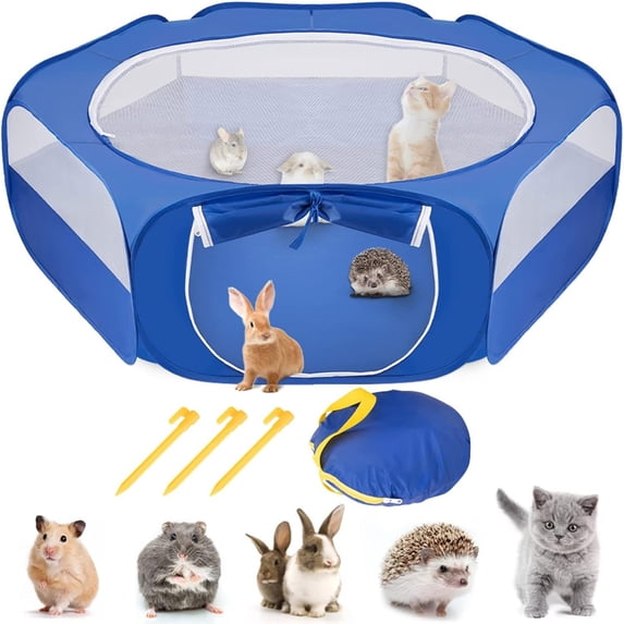 LAZIOEGR Small Animal Playpen Portable Foldable Exercise Fence with Side Door, Outdoors Pet Cage Tent for Chicks Cats Dogs Rabbits Hamsters, Breathable Mesh Pen, Blue (10.24 inches / 26 cm)