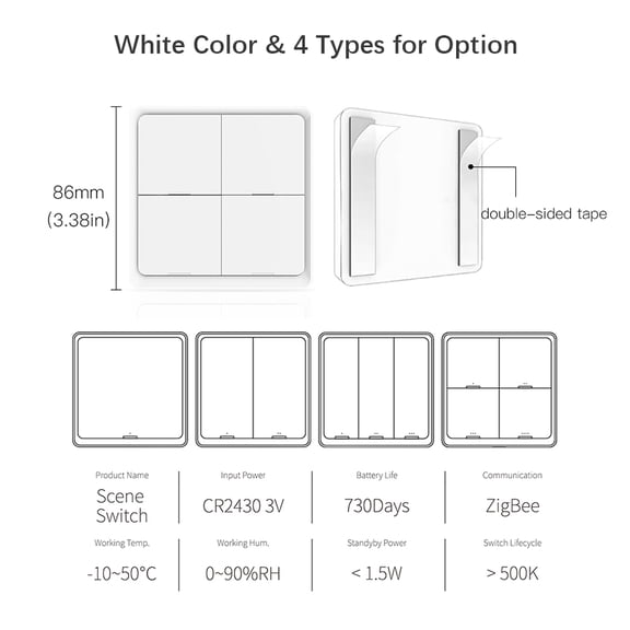 LAZIOEGR Smart Wireless Scene Switch Push Button 1 Gang Wall Panel Remote Controller for ZigBee Hub 3.0 Tuya Smart Life Devices Built-in CR2430 Battery Powered White 3.4 x 3.4 in / 8.6 x 8.6 cm