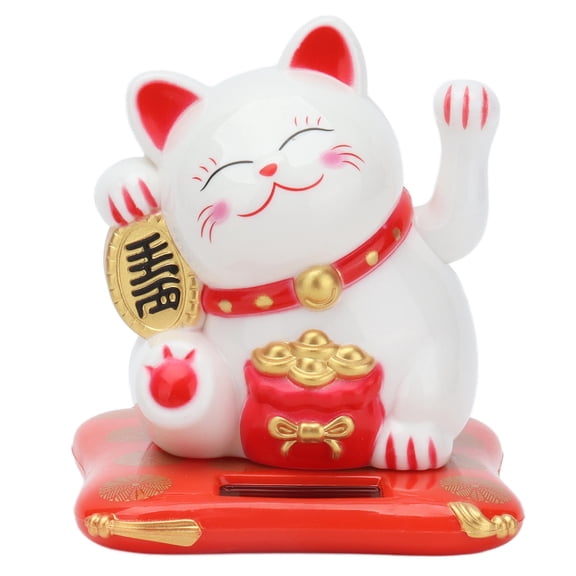 LAZIOEGR Solar‑Powered Lucky Cat with Waving Arms, White – Eco‑Friendly Home, Office & Car Décor, Wealth & Prosperity Symbol