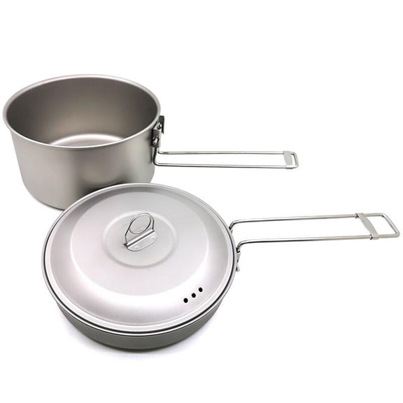 LAZIOEGR Titanium 2Piece Outdoor Pot & Pan Set 1600mL Pot, 750mL Tray, HeatResistant Handles, Round Bottom, Compact Storage, Ideal for Backpacking & Camping