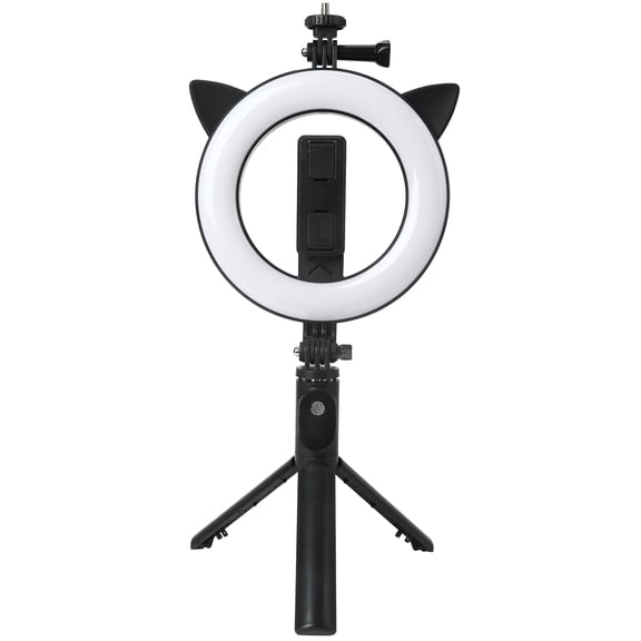 LAZIOEGR Tripod Selfie Stick with Cat Ear-Shaped LED Fill Light Wireless Bluetooth Remote Portable Extendable Stand for Teacher Online Class Live Streaming Vlogging Black (10.24 inches / 26 cm)