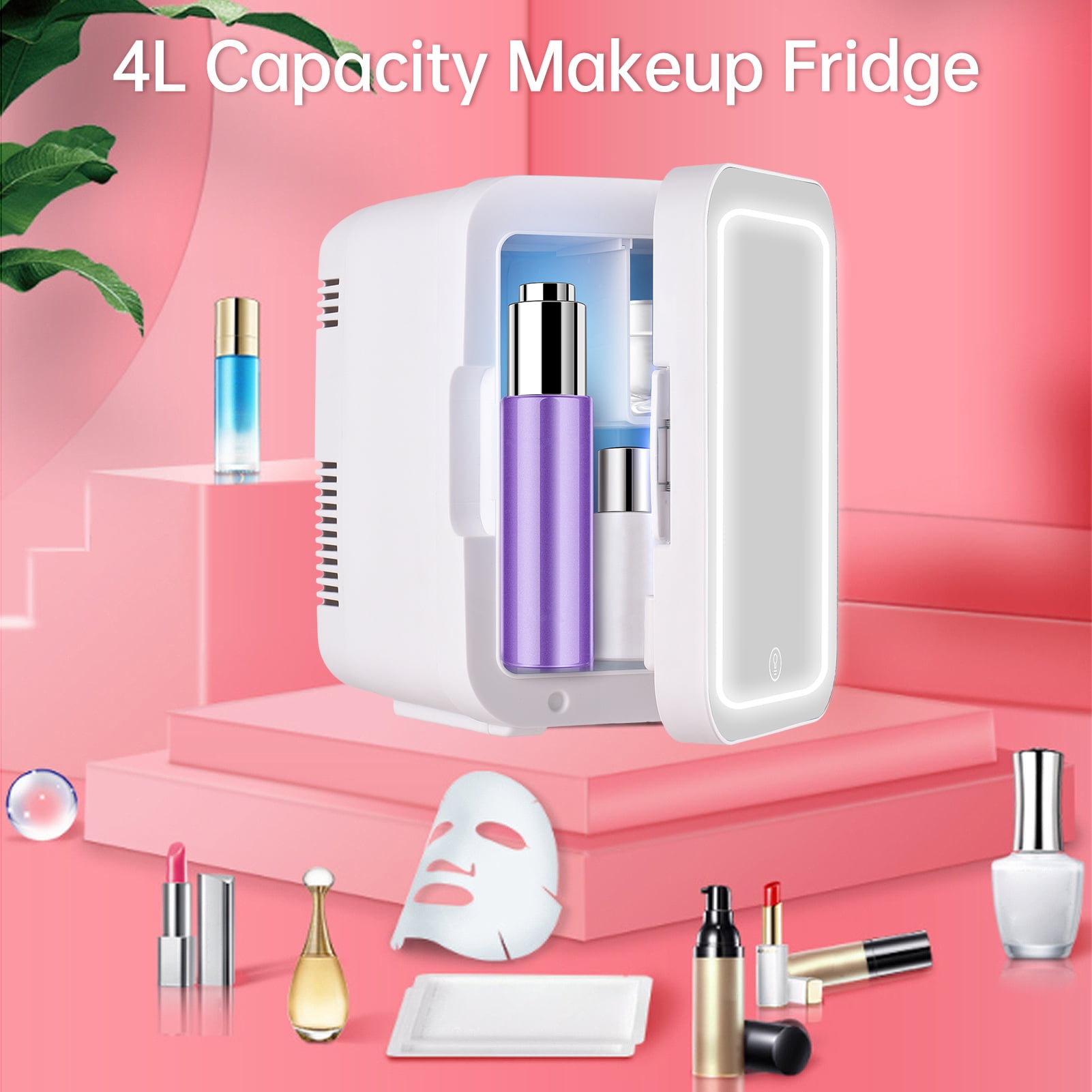 LAZIOEGR White 4L Skincare Fridge, Dimmable LED Mirror Door Portable Personal Refrigerator Cooler and Warmer, 10.63 x 8.66 x 7.08 inches / 27 x 22 x 18 cm, 110V US