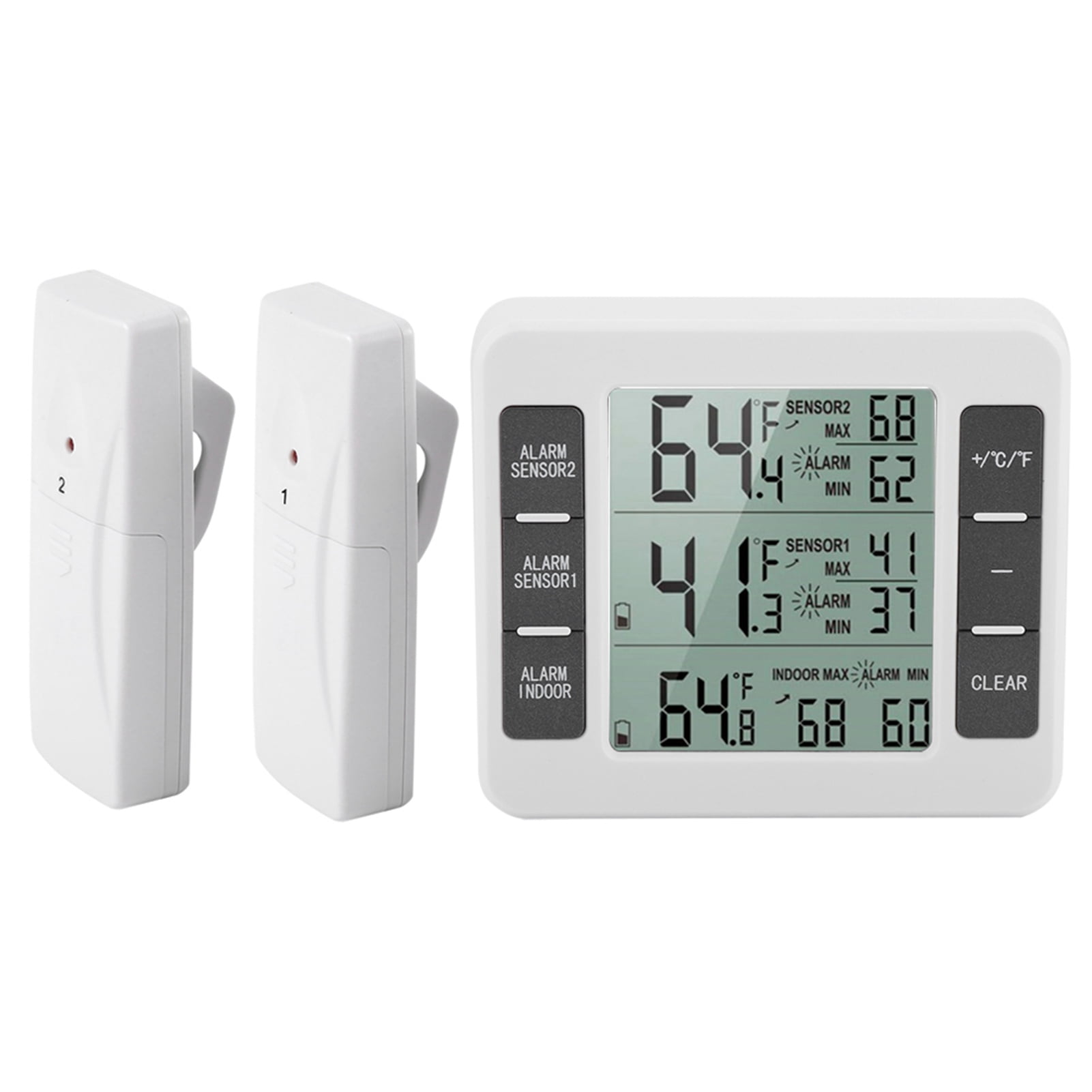LAZIOEGR Wireless Digital Refrigerator Thermometer with 2 PCS Remote Sensors, Audible Alarm Freezer Temperature Monitor for Home Kitchen, Range 328ft / 100m, Dual Display (Black & White)