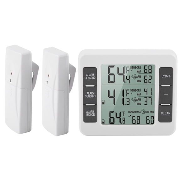LAZIOEGR Wireless Digital Refrigerator Thermometer with 2 PCS Remote Sensors, Audible Alarm Freezer Temperature Monitor for Home Kitchen, Range 328ft / 100m, Dual Display (Black & White)